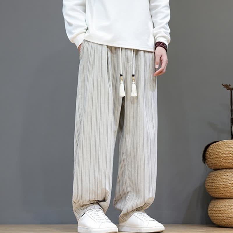 Buddha Stones Pantalones largos de hombre de corte recto con cordón ajustable y rayas, estilo casual de otoño. - image 32