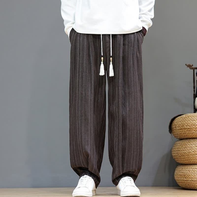 Buddha Stones Pantalones largos de hombre de corte recto con cordón ajustable y rayas, estilo casual de otoño. - image 2