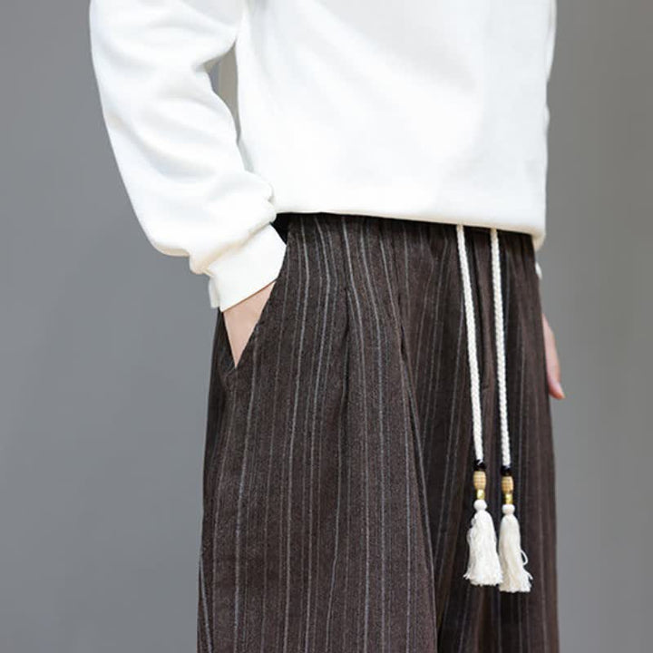 Buddha Stones Pantalones largos de hombre de corte recto con cordón ajustable y rayas, estilo casual de otoño. - image 9