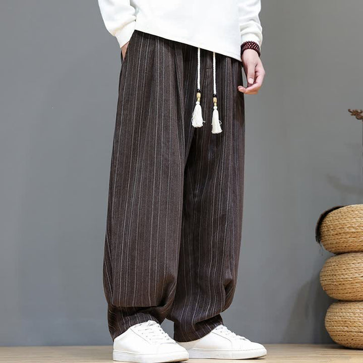 Buddha Stones Pantalones largos de hombre de corte recto con cordón ajustable y rayas, estilo casual de otoño. - image 5