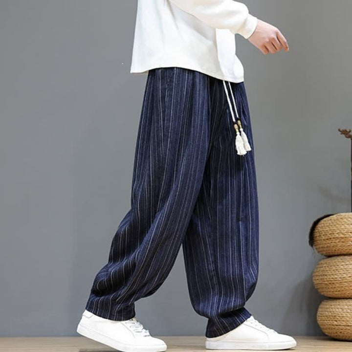 Buddha Stones Pantalones largos de hombre de corte recto con cordón ajustable y rayas, estilo casual de otoño. - image 21