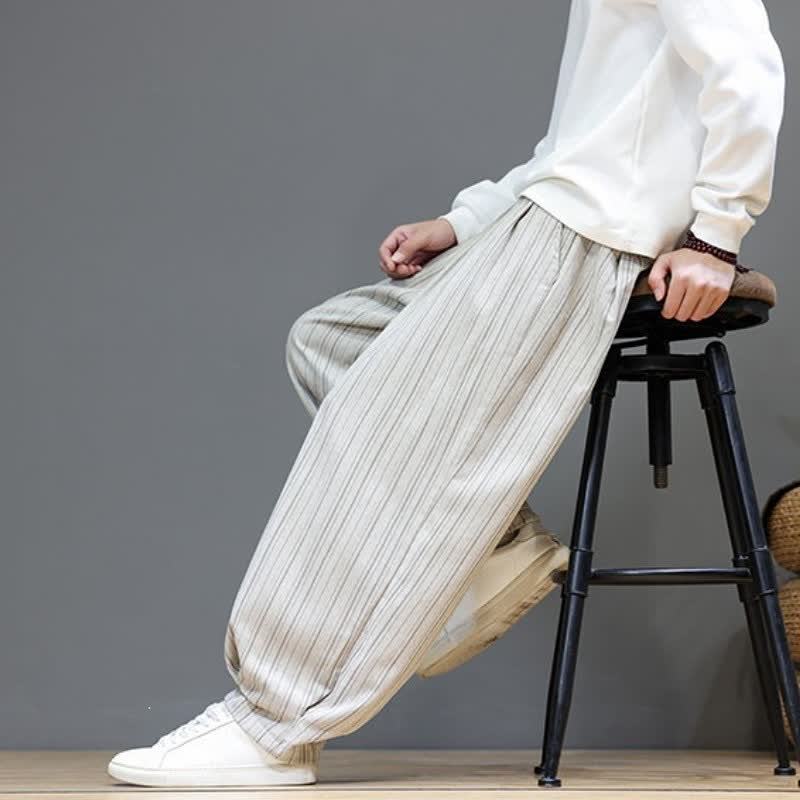 Buddha Stones Pantalones largos de hombre de corte recto con cordón ajustable y rayas, estilo casual de otoño. - image 33