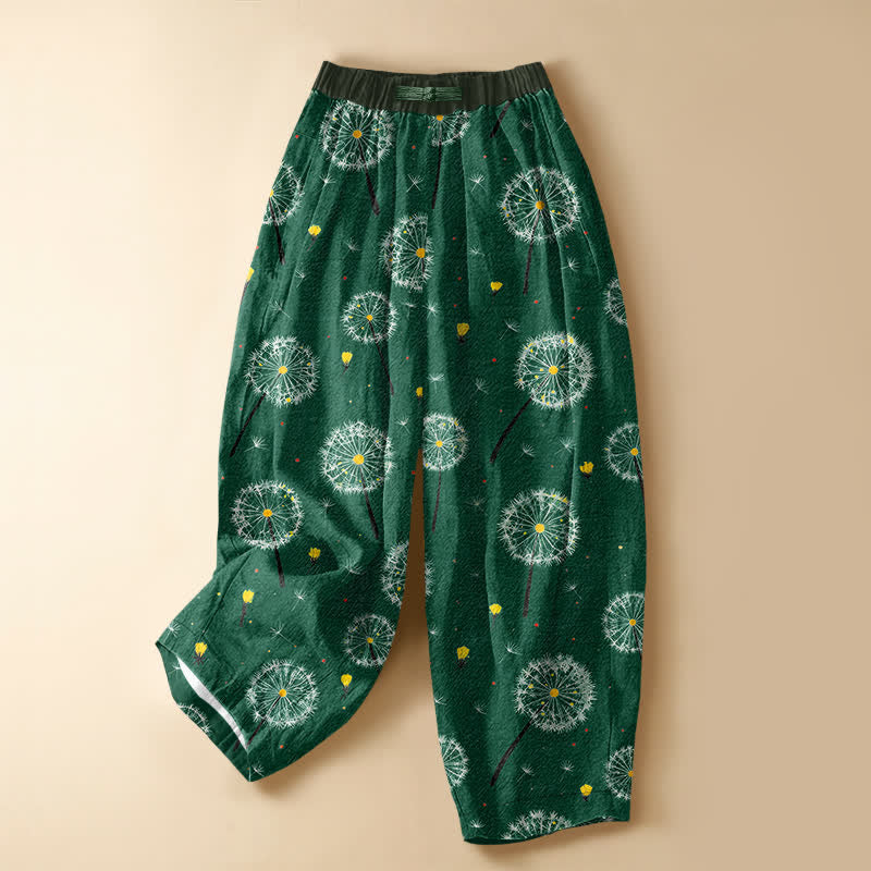 Buddha Stones Pantalones harem de mujer con cintura elástica, bolsillos y estampado de diente de león en algodón puro. - Verdemar - US16，UK/AU20，EU48 (3XL) - image 0