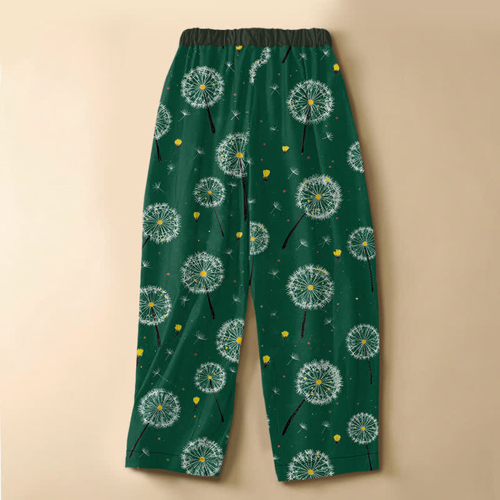 Buddha Stones Pantalones harem de mujer con cintura elástica, bolsillos y estampado de diente de león en algodón puro. - image 1