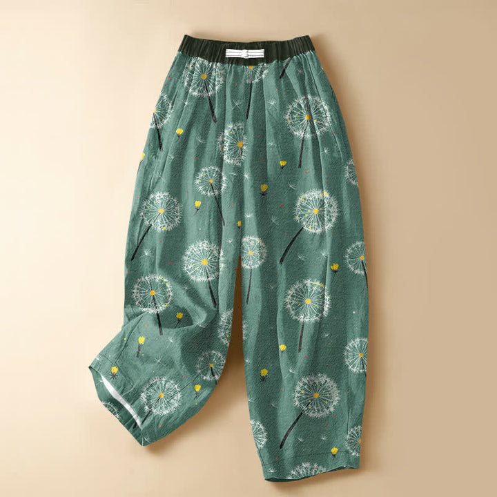 Buddha Stones Pantalones harem de mujer con cintura elástica, bolsillos y estampado de diente de león en algodón puro. - Verde mar claro - US16，UK/AU20，EU48 (3XL) - image 5