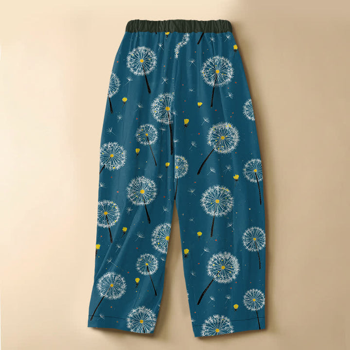 Buddha Stones Pantalones harem de mujer con cintura elástica, bolsillos y estampado de diente de león en algodón puro. - image 8
