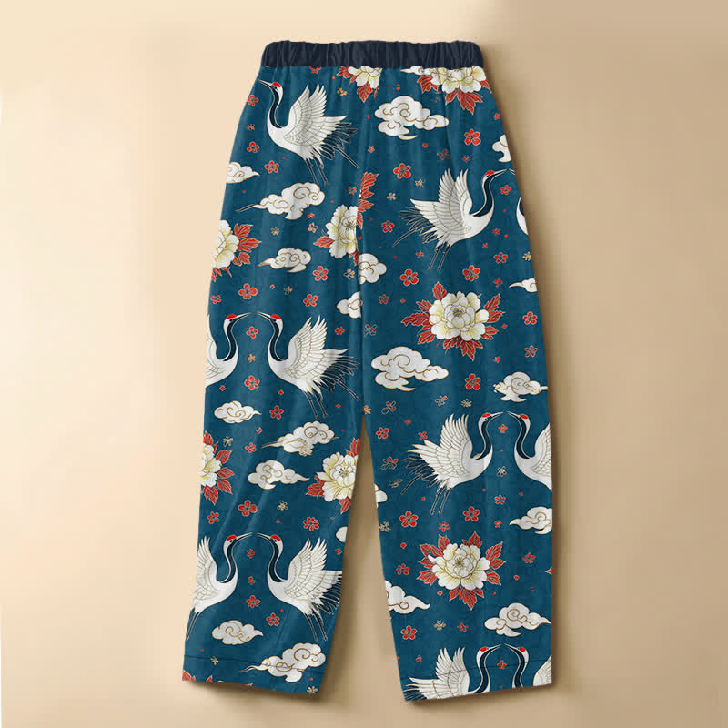 Buddha Stones Pantalones harem de mujer con cintura elástica y bolsillos, estampado clásico de peonías y grullas, de algodón puro. - image 1