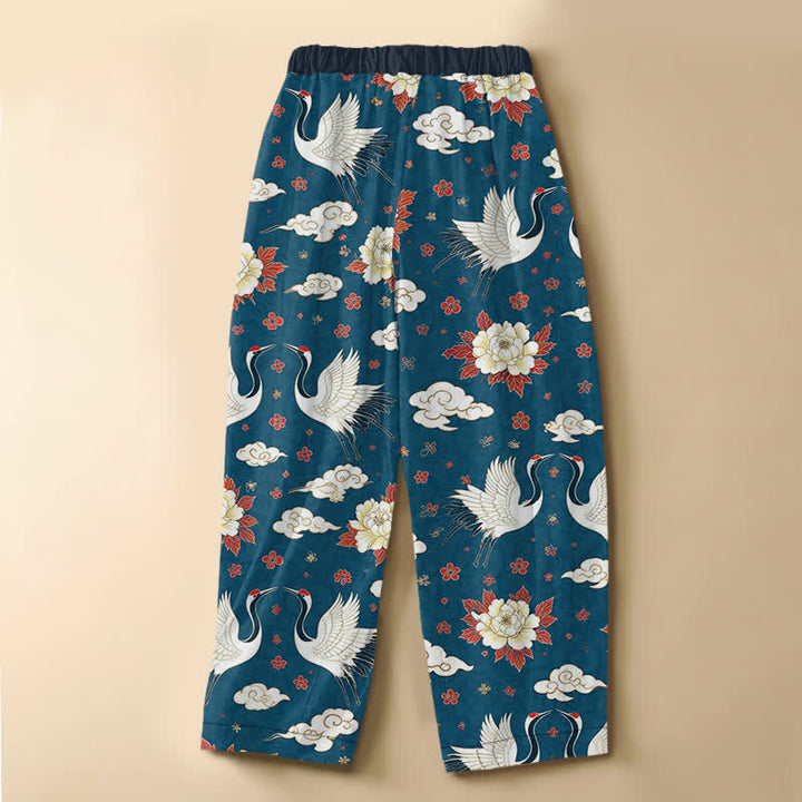 Buddha Stones Pantalones harem de mujer con cintura elástica y bolsillos, estampado clásico de peonías y grullas, de algodón puro. - image 1