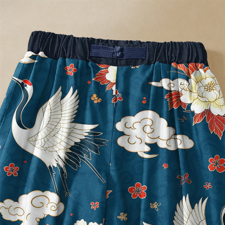 Buddha Stones Pantalones harem de mujer con cintura elástica y bolsillos, estampado clásico de peonías y grullas, de algodón puro. - image 2