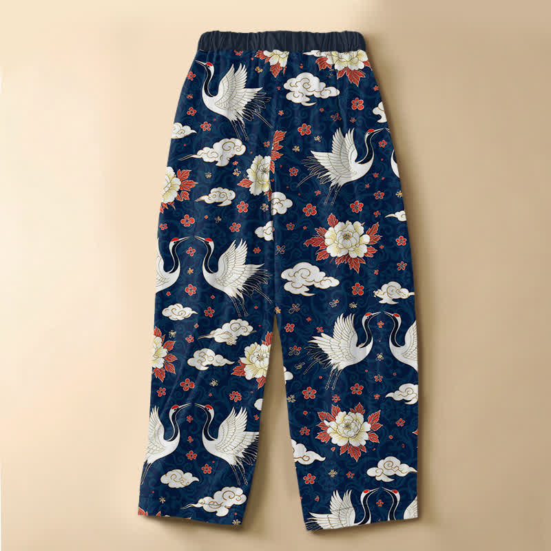 Buddha Stones Pantalones harem de mujer con cintura elástica y bolsillos, estampado clásico de peonías y grullas, de algodón puro. - image 6