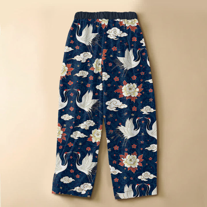 Buddha Stones Pantalones harem de mujer con cintura elástica y bolsillos, estampado clásico de peonías y grullas, de algodón puro. - image 6