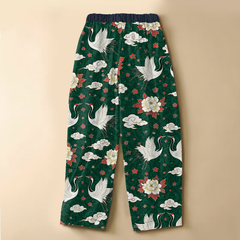 Buddha Stones Pantalones harem de mujer con cintura elástica y bolsillos, estampado clásico de peonías y grullas, de algodón puro. - image 8
