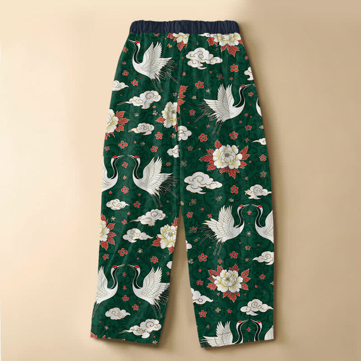 Buddha Stones Pantalones harem de mujer con cintura elástica y bolsillos, estampado clásico de peonías y grullas, de algodón puro. - image 8