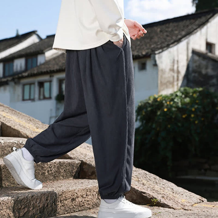 Buddha Stones Pantalones de invierno básicos clásicos con cordón ajustable, color liso, estilo harem para hombre, con bolsillos. - image 21