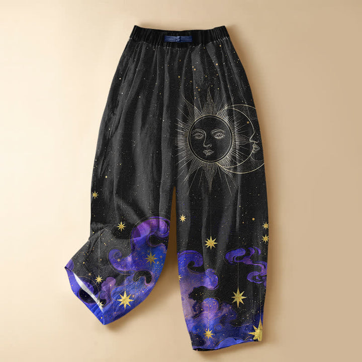 Buddha Stones Pantalones harem de algodón puro con estampado de sol, luna y cielo estrellado, botones de rana y cintura elástica para mujer con bolsillos. - Negro - US16，UK/AU20，EU48 (3XL) - image 0
