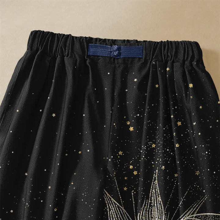 Buddha Stones Pantalones harem de algodón puro con estampado de sol, luna y cielo estrellado, botones de rana y cintura elástica para mujer con bolsillos. - image 2