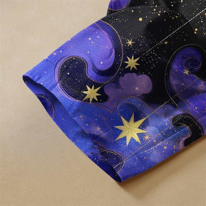 Buddha Stones Pantalones harem de algodón puro con estampado de sol, luna y cielo estrellado, botones de rana y cintura elástica para mujer con bolsillos. - image 3