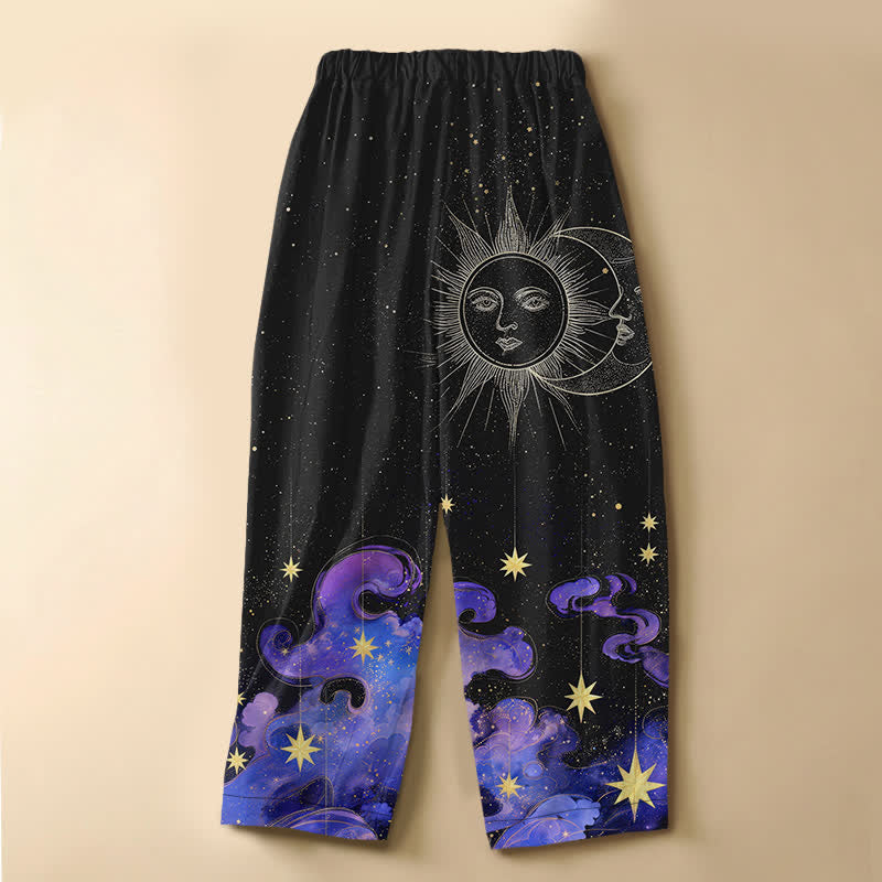 Buddha Stones Pantalones harem de algodón puro con estampado de sol, luna y cielo estrellado, botones de rana y cintura elástica para mujer con bolsillos. - image 1