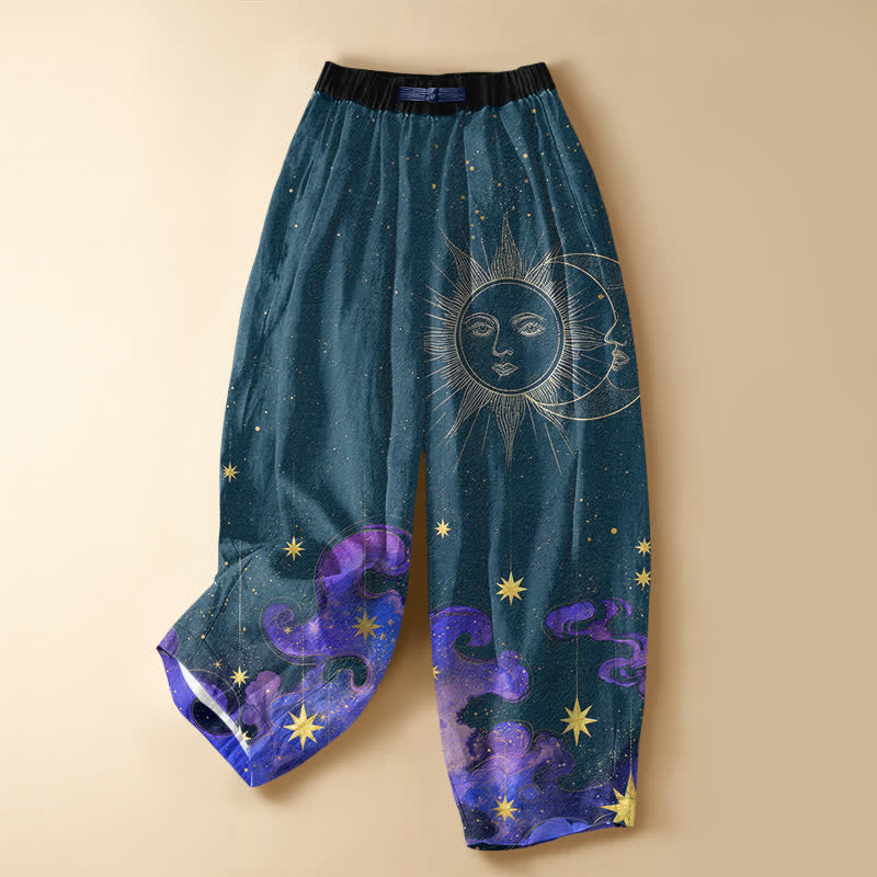 Buddha Stones Pantalones harem de algodón puro con estampado de sol, luna y cielo estrellado, botones de rana y cintura elástica para mujer con bolsillos. - Verde azulado - US16，UK/AU20，EU48 (3XL) - image 5