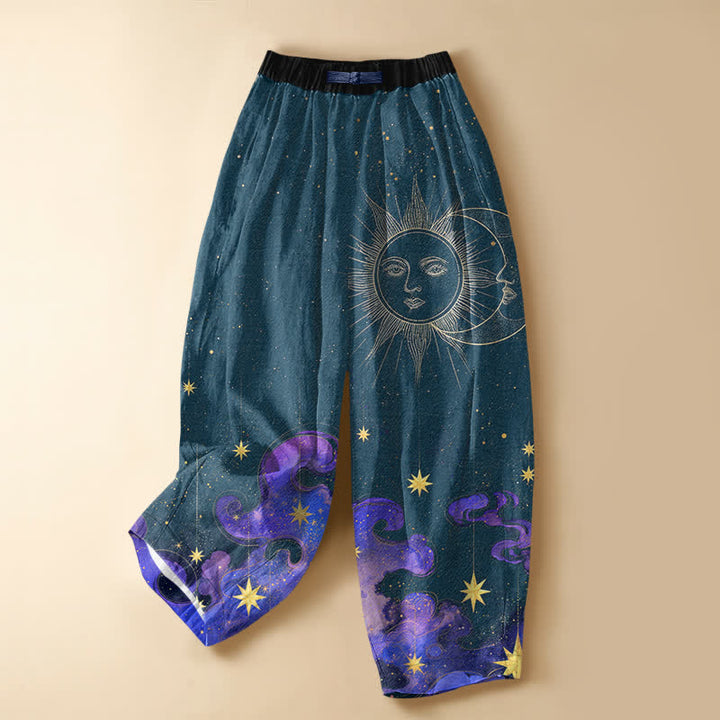 Buddha Stones Pantalones harem de algodón puro con estampado de sol, luna y cielo estrellado, botones de rana y cintura elástica para mujer con bolsillos. - Verde azulado - US16，UK/AU20，EU48 (3XL) - image 5