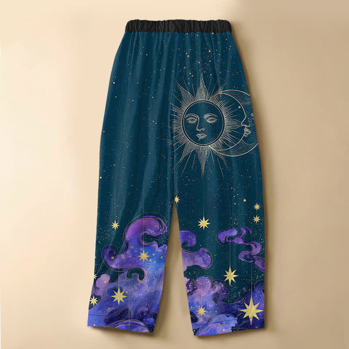 Buddha Stones Pantalones harem de algodón puro con estampado de sol, luna y cielo estrellado, botones de rana y cintura elástica para mujer con bolsillos. - image 6