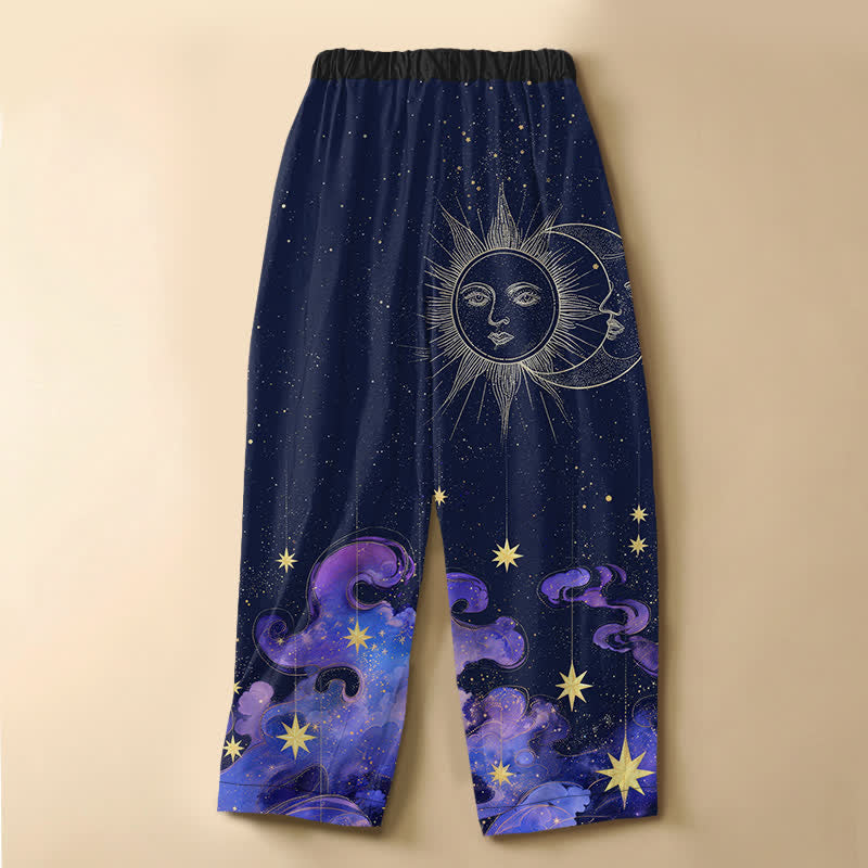 Buddha Stones Pantalones harem de algodón puro con estampado de sol, luna y cielo estrellado, botones de rana y cintura elástica para mujer con bolsillos. - image 8