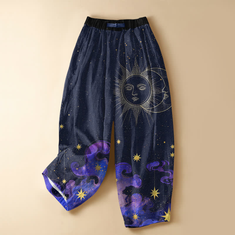 Buddha Stones Pantalones harem de algodón puro con estampado de sol, luna y cielo estrellado, botones de rana y cintura elástica para mujer con bolsillos. - Azul medianoche - US16，UK/AU20，EU48 (3XL) - image 7