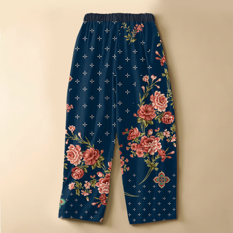 Buddha Stones Pantalones harem de algodón puro con estampado floral geométrico vintage, botones de rana, cintura elástica y bolsillos para mujer. - image 1