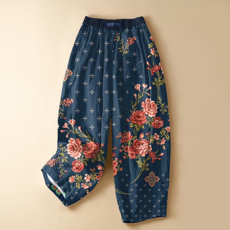 Buddha Stones Pantalones harem de algodón puro con estampado floral geométrico vintage, botones de rana, cintura elástica y bolsillos para mujer. - Azul medianoche - US16，UK/AU20，EU48 (3XL) - image 0