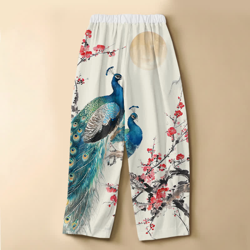 Buddha Stones Pantalones harem de algodón puro con estampado de pavo real oriental y flor de ciruelo, botones de rana y cintura elástica para mujer con bolsillos. - image 1