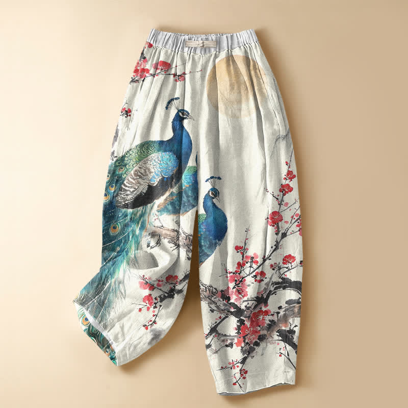 Buddha Stones Pantalones harem de algodón puro con estampado de pavo real oriental y flor de ciruelo, botones de rana y cintura elástica para mujer con bolsillos. - Humo blanco - US16，UK/AU20，EU48 (3XL) - image 0