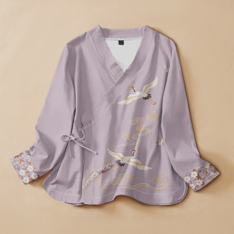 Buddha Stones Camisa kimono de manga larga para mujer con cuello en V y cordones, estampado de grullas voladoras, de algodón. - Cardo - US16，UK/AU20，EU48 (3XL) - image 0
