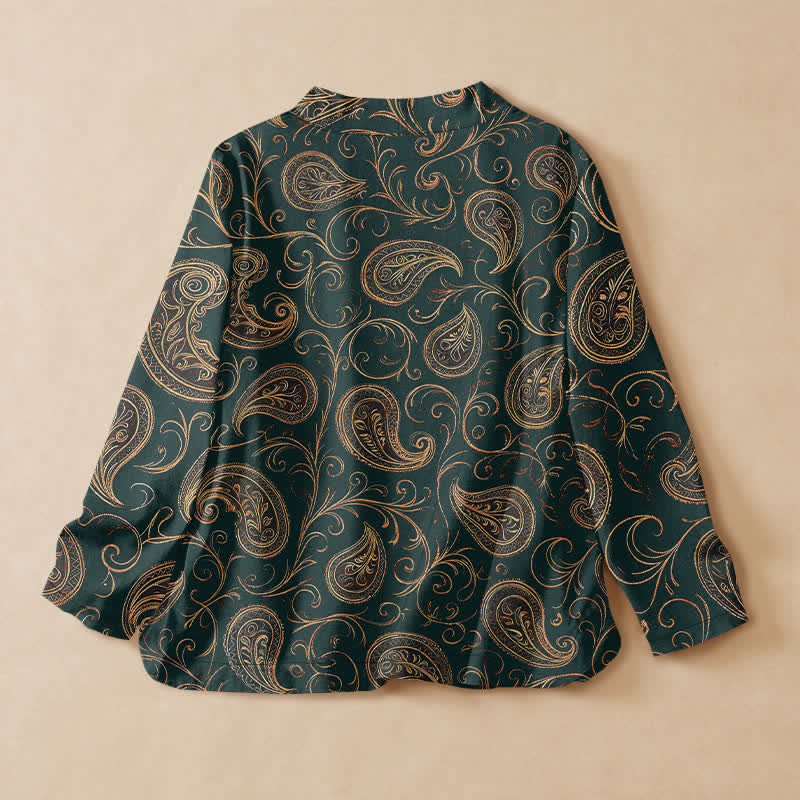 Buddha Stones Camisa kimono de manga larga para mujer, estilo hanfu, con cuello en V y cordones, de algodón vintage con estampado paisley y enredaderas. - image 1
