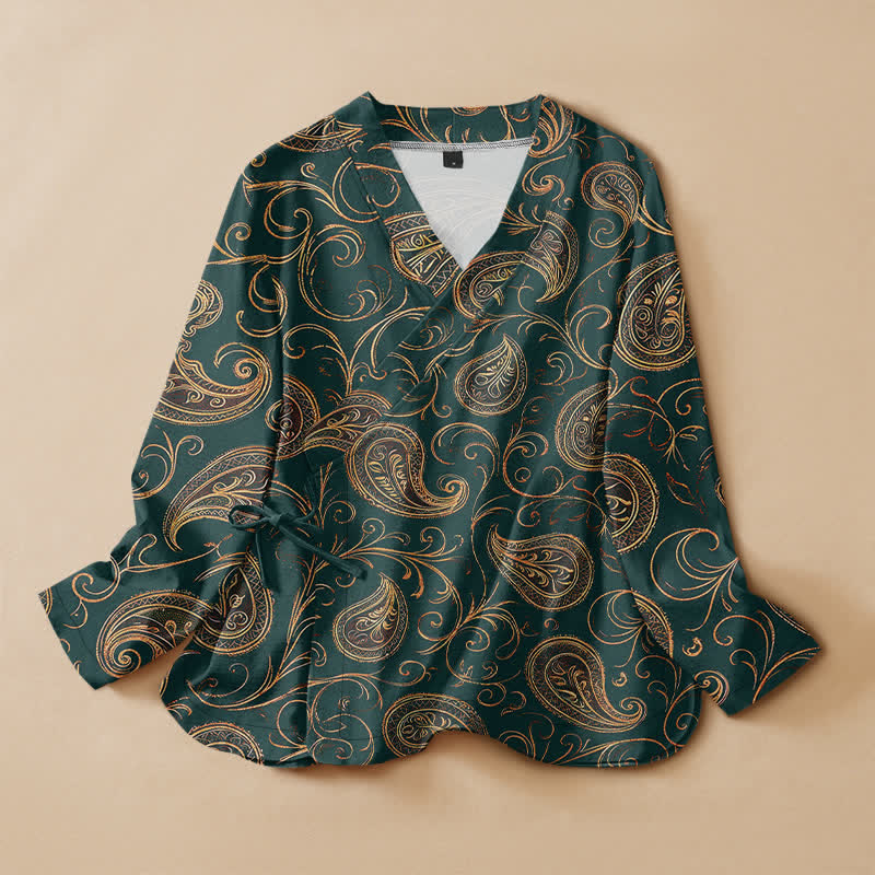 Buddha Stones Camisa kimono de manga larga para mujer, estilo hanfu, con cuello en V y cordones, de algodón vintage con estampado paisley y enredaderas. - Verde azulado - US16，UK/AU20，EU48 (3XL) - image 0