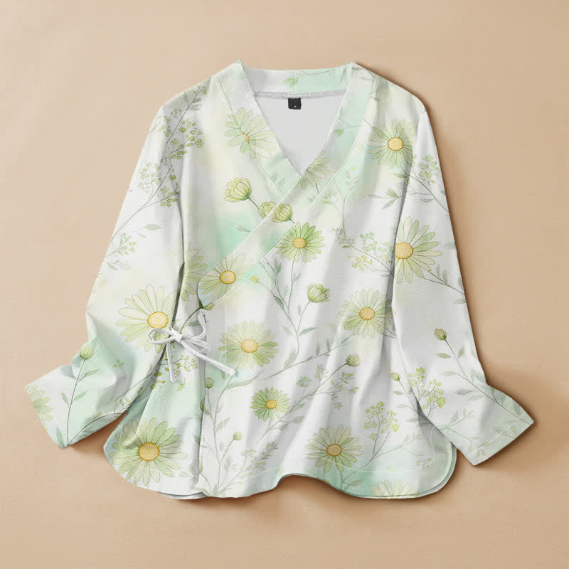 Buddha Stones Camisa kimono de manga larga para mujer estilo Hanfu con estampado floral de margaritas de algodón, cuello en V y cordones. - Gotas de miel - US16，UK/AU20，EU48 (3XL) - image 0