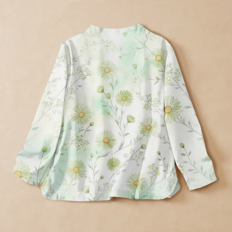 Buddha Stones Camisa kimono de manga larga para mujer estilo Hanfu con estampado floral de margaritas de algodón, cuello en V y cordones. - image 1