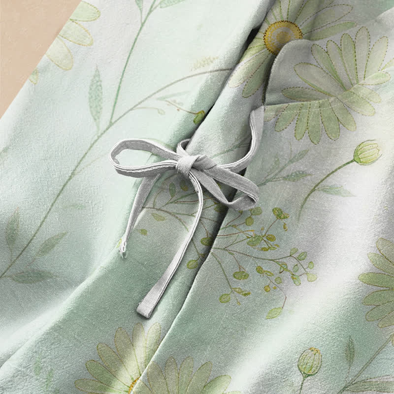 Buddha Stones Camisa kimono de manga larga para mujer estilo Hanfu con estampado floral de margaritas de algodón, cuello en V y cordones. - image 3