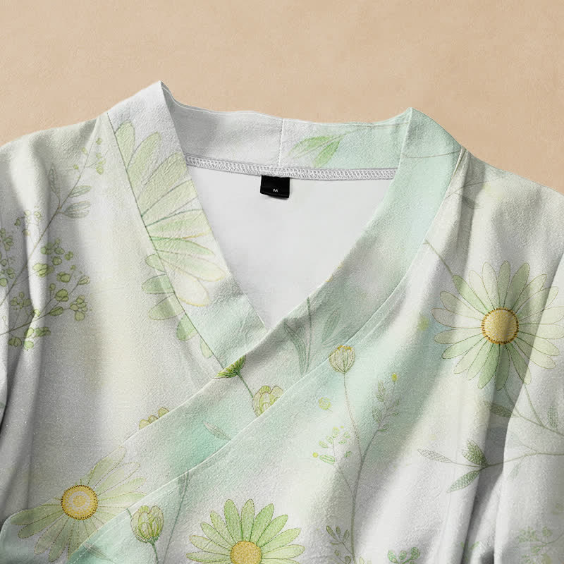 Buddha Stones Camisa kimono de manga larga para mujer estilo Hanfu con estampado floral de margaritas de algodón, cuello en V y cordones. - image 2