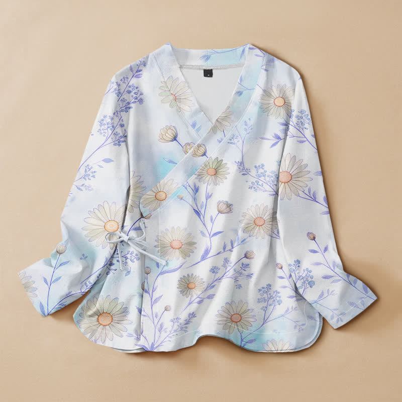Buddha Stones Camisa kimono de manga larga para mujer estilo Hanfu con estampado floral de margaritas de algodón, cuello en V y cordones. - AliciaAzul - US16，UK/AU20，EU48 (3XL) - image 7