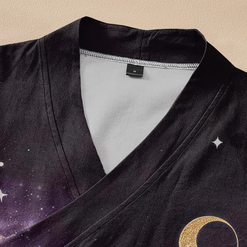 Buddha Stones Camisa kimono de manga larga para mujer, estilo hanfu, con cuello en V y cordones, de algodón, con estampado de loto celestial y luna. - image 2