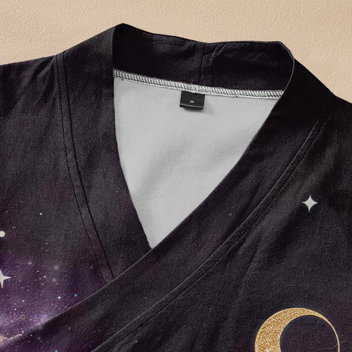 Buddha Stones Camisa kimono de manga larga para mujer, estilo hanfu, con cuello en V y cordones, de algodón, con estampado de loto celestial y luna. - image 2