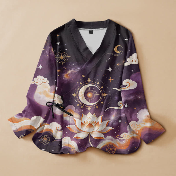 Buddha Stones Camisa kimono de manga larga para mujer, estilo hanfu, con cuello en V y cordones, de algodón, con estampado de loto celestial y luna. - Negro - US16，UK/AU20，EU48 (3XL) - image 0