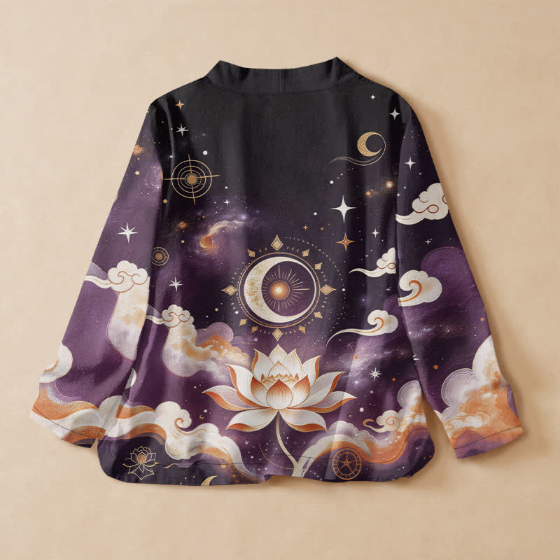 Buddha Stones Camisa kimono de manga larga para mujer, estilo hanfu, con cuello en V y cordones, de algodón, con estampado de loto celestial y luna. - image 1