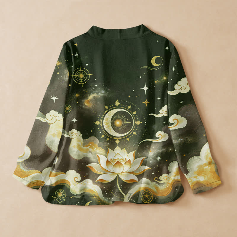Buddha Stones Camisa kimono de manga larga para mujer, estilo hanfu, con cuello en V y cordones, de algodón, con estampado de loto celestial y luna. - image 6
