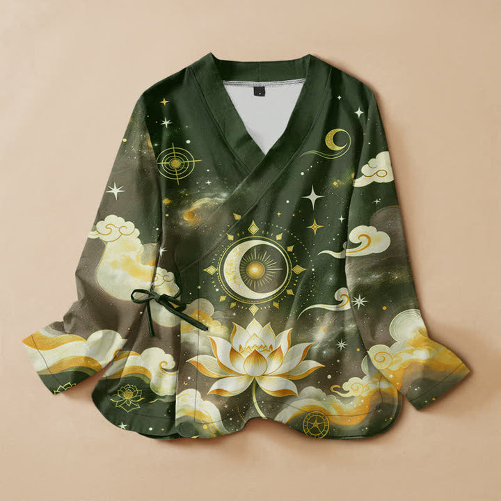 Buddha Stones Camisa kimono de manga larga para mujer, estilo hanfu, con cuello en V y cordones, de algodón, con estampado de loto celestial y luna. - Verde oscuro - US16，UK/AU20，EU48 (3XL) - image 5