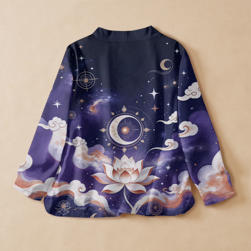 Buddha Stones Camisa kimono de manga larga para mujer, estilo hanfu, con cuello en V y cordones, de algodón, con estampado de loto celestial y luna. - image 8