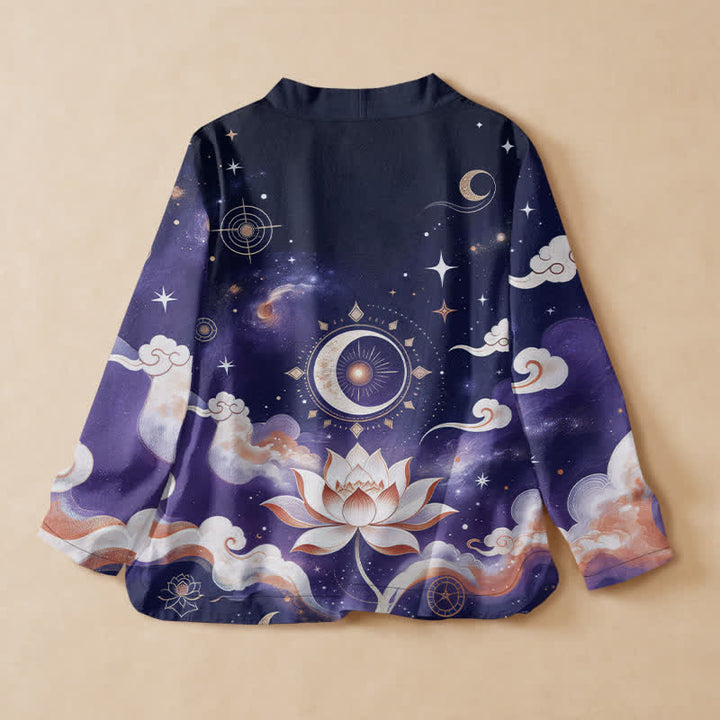 Buddha Stones Camisa kimono de manga larga para mujer, estilo hanfu, con cuello en V y cordones, de algodón, con estampado de loto celestial y luna. - image 8