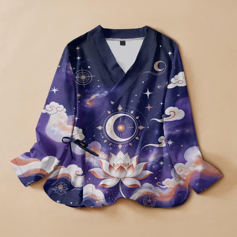 Buddha Stones Camisa kimono de manga larga para mujer, estilo hanfu, con cuello en V y cordones, de algodón, con estampado de loto celestial y luna. - Marina de guerra - US16，UK/AU20，EU48 (3XL) - image 7