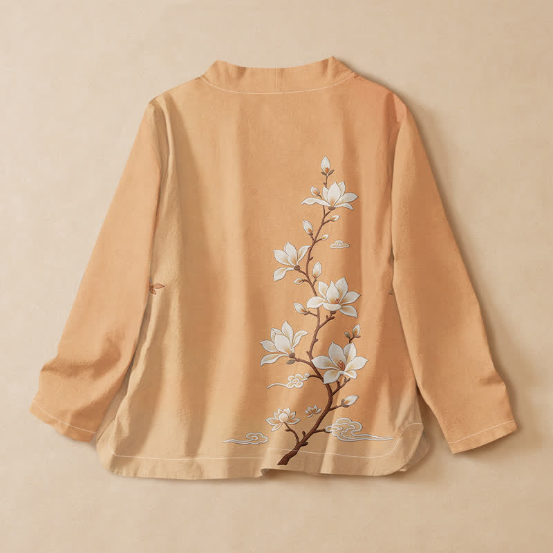 Buddha Stones Camisa kimono de manga larga para mujer, estilo hanfu, con cuello en V y cordones, de algodón, con estampado de ramas de magnolia en flor. - image 1