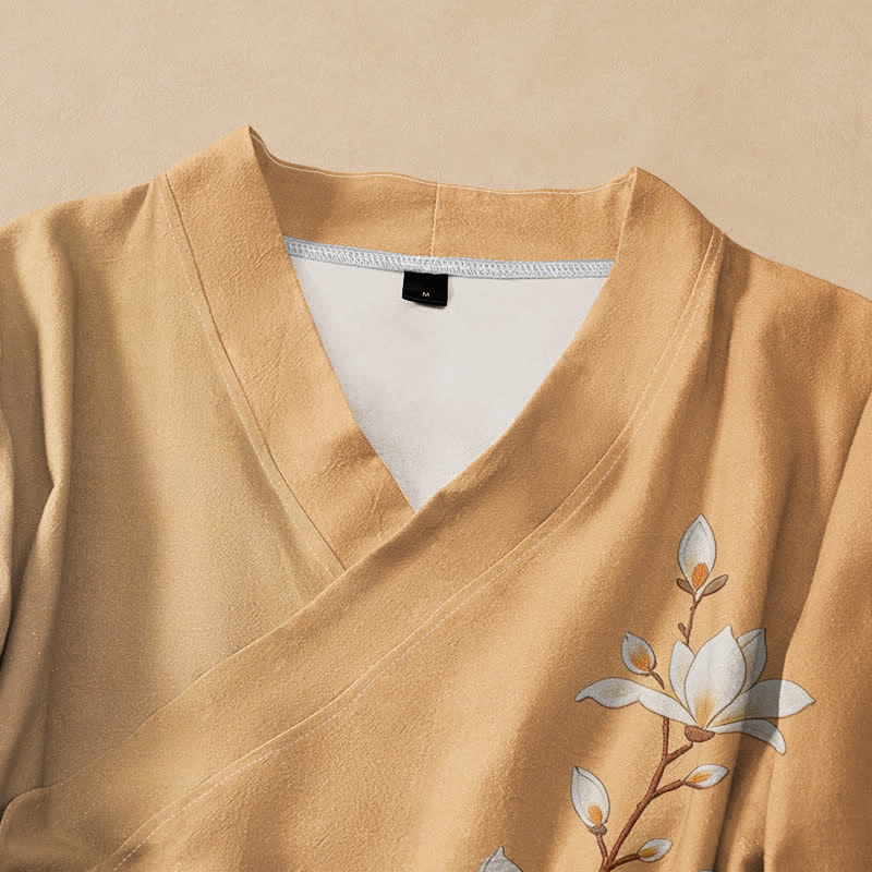 Buddha Stones Camisa kimono de manga larga para mujer, estilo hanfu, con cuello en V y cordones, de algodón, con estampado de ramas de magnolia en flor. - image 2